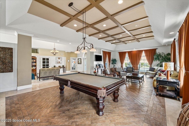 121 Lancha Cir Unit 206, Indian Harbour Beach, FL 32937 - game room featuring coffered ceiling, recessed lighting, billiards table, baseboards, and beam ceiling