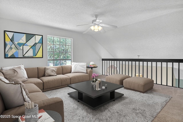 6827 Dodge Rd, Cocoa, FL 32927 - carpeted living area featuring ceiling fan, lofted ceiling, and a textured ceiling