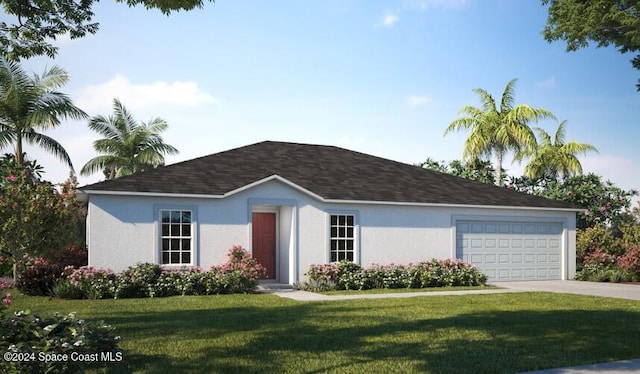 817 Redrock St SE, Palm Bay, FL 32909 - ranch-style house with driveway, a front lawn, an attached garage, and stucco siding