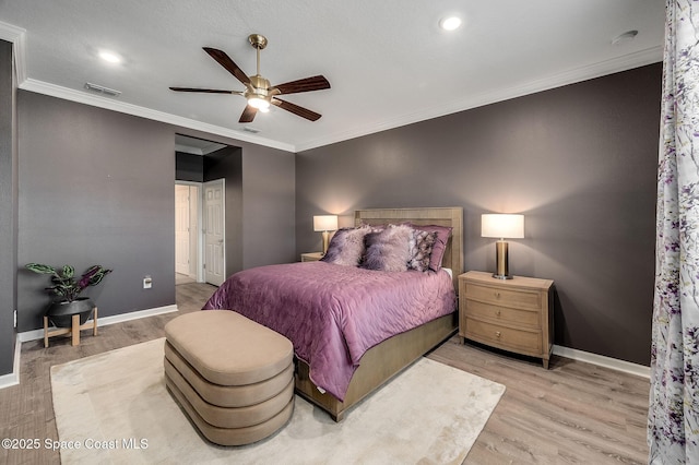 738 Old Country SE, Palm Bay, FL 32909 - bedroom featuring baseboards, wood finished floors, ornamental molding, ceiling fan, and recessed lighting