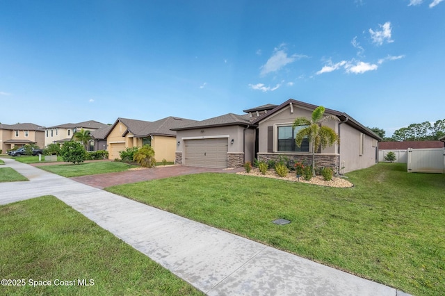 738 Old Country SE, Palm Bay, FL 32909 - view of front of house with stone siding, driveway, an attached garage, stucco siding, and a residential view