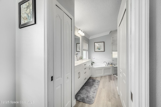 208 Chello Ave, Sebastian, FL 32958 - bathroom featuring wood finished floors, a garden tub, ornamental molding, double vanity, and a textured ceiling