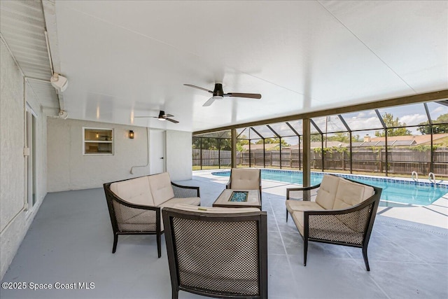 1020 Sycamore Dr, Rockledge, FL 32955 - fenced backyard featuring an outdoor living space, a patio, and a ceiling fan