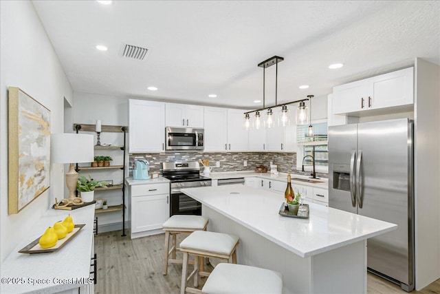 1020 Sycamore Dr, Rockledge, FL 32955 - kitchen featuring appliances with stainless steel finishes, a sink, a kitchen bar, decorative backsplash, and white cabinets