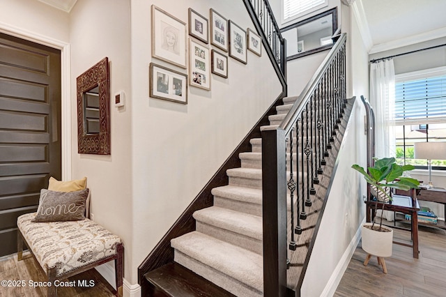 2291 Trava Ln, Melbourne, FL 32940 - stairway featuring ornamental molding, wood finished floors, and baseboards