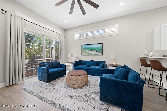 120 Mediterranean Way, Indian Harbour Beach, FL 32937 - living room featuring ceiling fan, wood finished floors, and recessed lighting