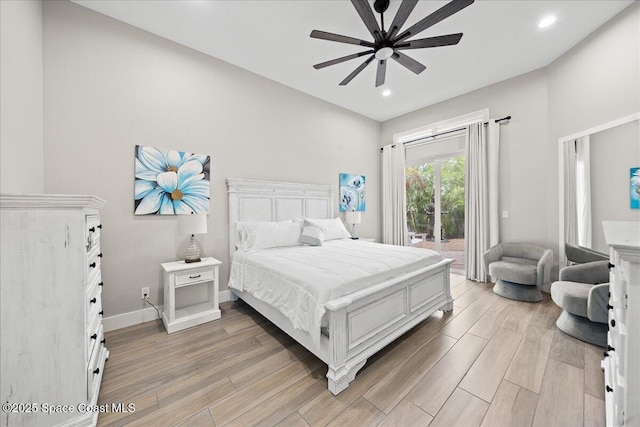 120 Mediterranean Way, Indian Harbour Beach, FL 32937 - bedroom with access to outside, light wood-type flooring, recessed lighting, and a ceiling fan