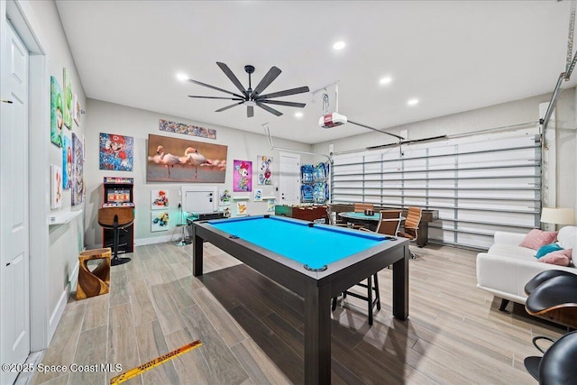 120 Mediterranean Way, Indian Harbour Beach, FL 32937 - rec room with billiards table, ceiling fan, a garage, wood finished floors, and recessed lighting