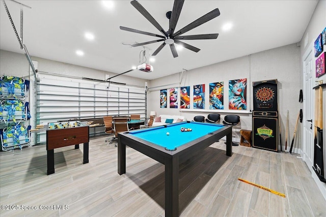 120 Mediterranean Way, Indian Harbour Beach, FL 32937 - playroom featuring a garage, wood finished floors, a ceiling fan, pool table, and recessed lighting