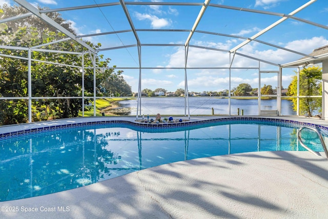 1181 Cypress Trace Dr, Melbourne, FL 32940 - swimming pool featuring a water view, a patio, and glass enclosure
