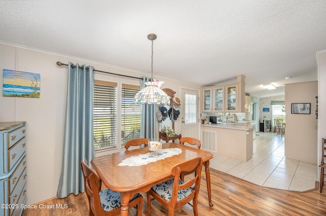 7685 Fox Hunter Cir, Micco, FL 32976 - dining room featuring light wood-style flooring, a textured ceiling, healthy amount of natural light, and lofted ceiling