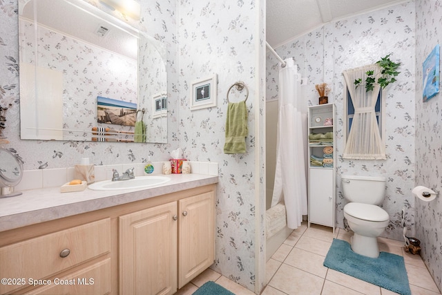 7685 Fox Hunter Cir, Micco, FL 32976 - bathroom featuring wallpapered walls, tile patterned floors, vanity, toilet, and shower / bathtub combination with curtain