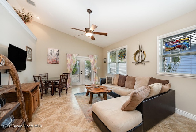 210 Sutton St, Rockledge, FL 32955 - living room featuring ceiling fan, vaulted ceiling, french doors, and baseboards