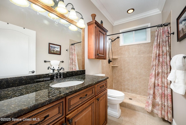 210 Sutton St, Rockledge, FL 32955 - full bathroom with toilet, vanity, a tile shower, tile patterned flooring, and crown molding