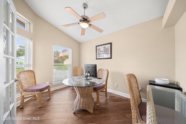 1398 Stuttgart Ave NW, Palm Bay, FL 32907 - office area with wood finished floors, ceiling fan, lofted ceiling, a textured ceiling, and baseboards