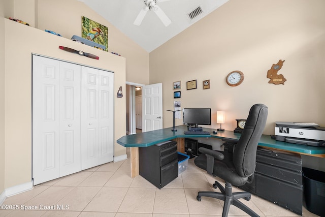 1398 Stuttgart Ave NW, Palm Bay, FL 32907 - home office featuring high vaulted ceiling, light tile patterned flooring, ceiling fan, and baseboards