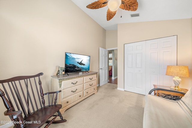 1398 Stuttgart Ave NW, Palm Bay, FL 32907 - sitting room featuring a ceiling fan, light colored carpet, baseboards, and high vaulted ceiling