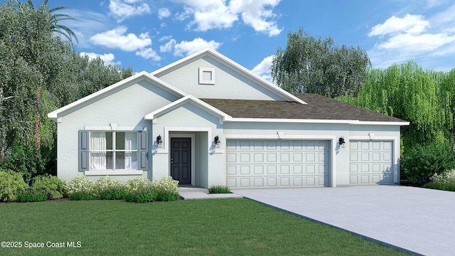 4377 Kelsey Ln, Sebastian, FL 32976 - view of front of home with an attached garage, concrete driveway, a front yard, and stucco siding