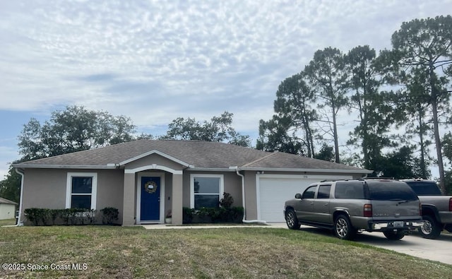 350 Wendover Rd SW, Palm Bay, FL 32908 - single story home with stucco siding, an attached garage, a front lawn, roof with shingles, and driveway