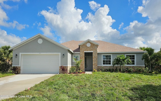 571 Fondulac St, Palm Bay, FL 32908 - ranch-style home featuring stone siding, stucco siding, a front lawn, driveway, and a garage