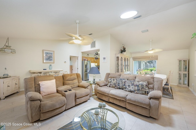 960 Mayflower Ave, Melbourne, FL 32940 - living room featuring ceiling fan, lofted ceiling, and light tile patterned floors