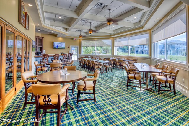 960 Mayflower Ave, Melbourne, FL 32940 - dining area with coffered ceiling, beam ceiling, a ceiling fan, carpet flooring, and a high ceiling