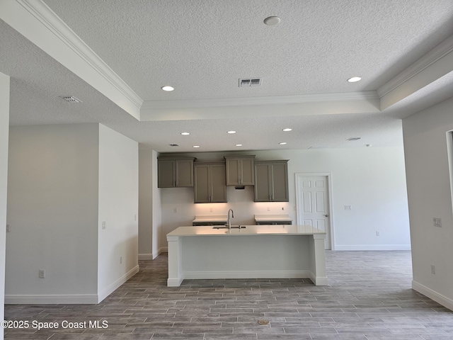 2999 Gaffney Ave SE, Palm Bay, FL 32909 - kitchen featuring crown molding, a tray ceiling, a kitchen island with sink, a textured ceiling, and light wood-style flooring