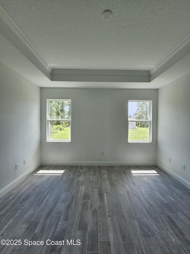 2999 Gaffney Ave SE, Palm Bay, FL 32909 - empty room with a textured ceiling, crown molding, a raised ceiling, and dark wood-style floors