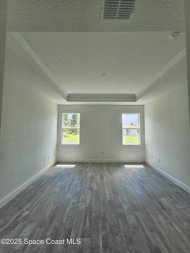 2999 Gaffney Ave SE, Palm Bay, FL 32909 - empty room featuring a textured ceiling, a raised ceiling, ornamental molding, dark wood-style flooring, and plenty of natural light