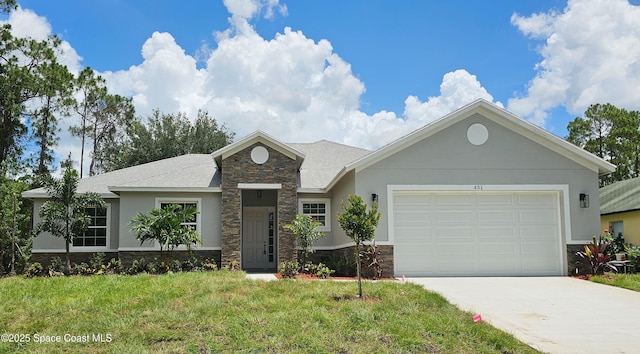 431 Falls Church St SW, Palm Bay, FL 32908 - view of front facade with stone siding, stucco siding, a front lawn, and an attached garage