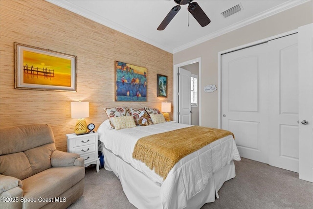 2889 Millennium Cir, Melbourne, FL 32940 - carpeted bedroom with ornamental molding, a closet, and a ceiling fan