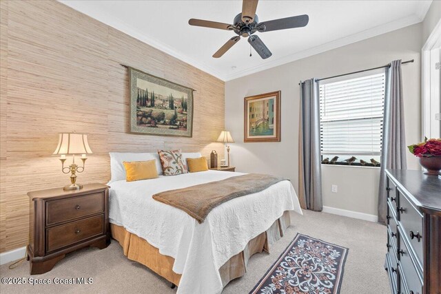 2889 Millennium Cir, Melbourne, FL 32940 - bedroom with baseboards, light carpet, ornamental molding, and ceiling fan
