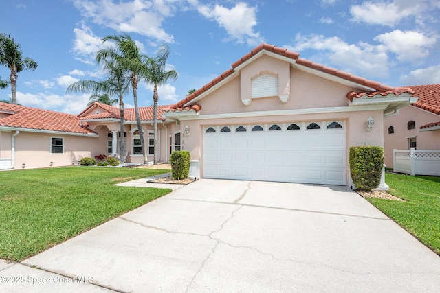 570 Shell Cove Dr, Melbourne, FL 32940 - mediterranean / spanish-style house with concrete driveway, a garage, stucco siding, and a front lawn
