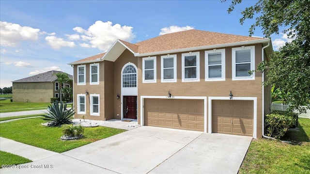 1500 La Maderia Dr SW, Palm Bay, FL 32908 - view of front of home with an attached garage, concrete driveway, a front lawn, and stucco siding
