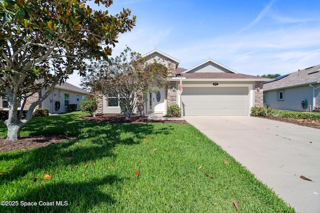 1685 Timacuan Dr, Melbourne, FL 32940 - view of front of property with stone siding, an attached garage, a front lawn, and driveway