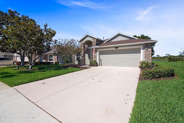 1685 Timacuan Dr, Melbourne, FL 32940 - view of front of property with stone siding, a front yard, driveway, and a garage