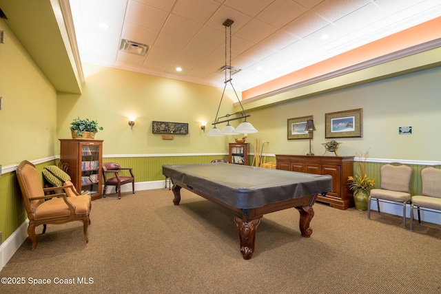 1685 Timacuan Dr, Melbourne, FL 32940 - rec room featuring wainscoting, carpet flooring, billiards table, crown molding, and recessed lighting