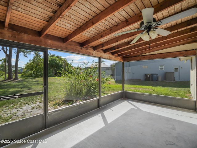 175 Awin Cir SE, Palm Bay, FL 32909 - unfurnished sunroom with a ceiling fan and beamed ceiling