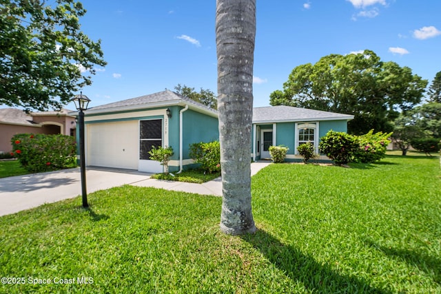 2719 Alicia Ln, Melbourne, FL 32935 - ranch-style home featuring driveway, a front yard, an attached garage, and stucco siding