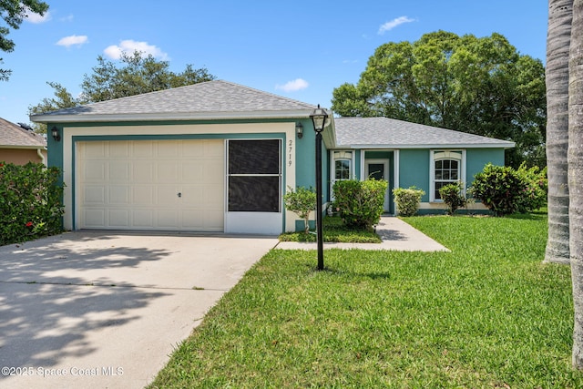 2719 Alicia Ln, Melbourne, FL 32935 - single story home with an attached garage, driveway, stucco siding, a front lawn, and a shingled roof