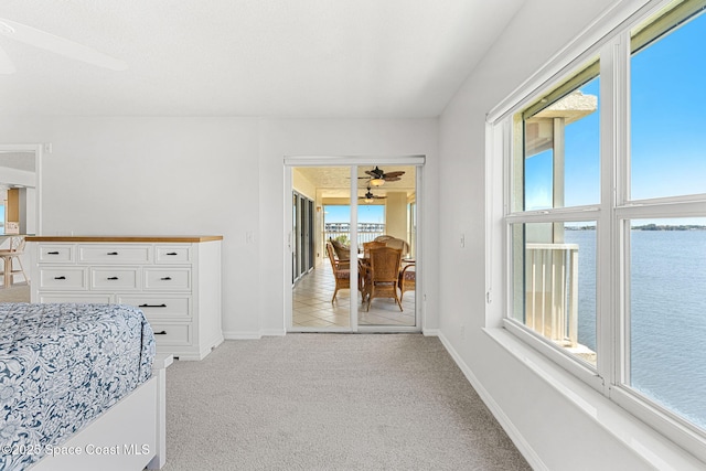 104 Riverside Dr Unit 301, Cocoa, FL 32922 - unfurnished bedroom with access to exterior, light colored carpet, a water view, and baseboards