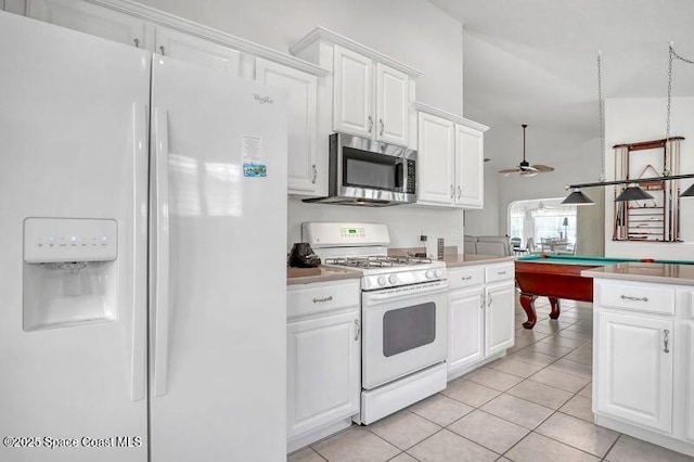 1545 Boca Rio Dr, Melbourne, FL 32940 - kitchen with white appliances, a ceiling fan, light tile patterned flooring, and white cabinetry