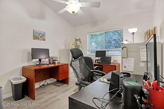 1545 Boca Rio Dr, Melbourne, FL 32940 - office area with a ceiling fan, wood finished floors, and lofted ceiling
