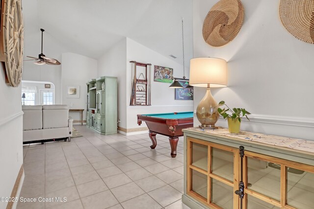 1545 Boca Rio Dr, Melbourne, FL 32940 - rec room featuring high vaulted ceiling, billiards, ceiling fan, baseboards, and light tile patterned floors