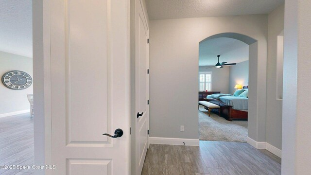 8051 Strom Park Dr, Melbourne, FL 32940 - hall with wood finished floors, arched walkways, baseboards, and a textured ceiling