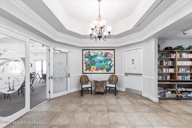 4160 Aberdeen Cir, Rockledge, FL 32955 - home office with a chandelier, light tile patterned floors, ornamental molding, and french doors