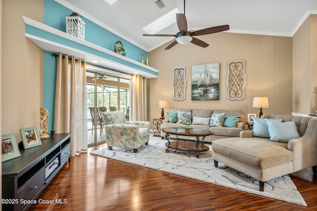 3360 Fort Sumter St, Melbourne, FL 32934 - living area featuring dark wood-style flooring, crown molding, a ceiling fan, and vaulted ceiling