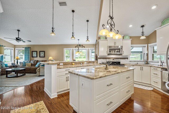 3360 Fort Sumter St, Melbourne, FL 32934 - kitchen with stainless steel appliances, a sink, a kitchen island, dark wood finished floors, and ceiling fan