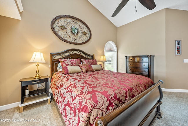 3360 Fort Sumter St, Melbourne, FL 32934 - carpeted bedroom with baseboards, high vaulted ceiling, and ceiling fan