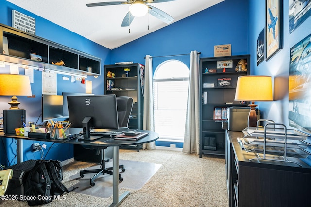 3360 Fort Sumter St, Melbourne, FL 32934 - office area with vaulted ceiling, a ceiling fan, and carpet